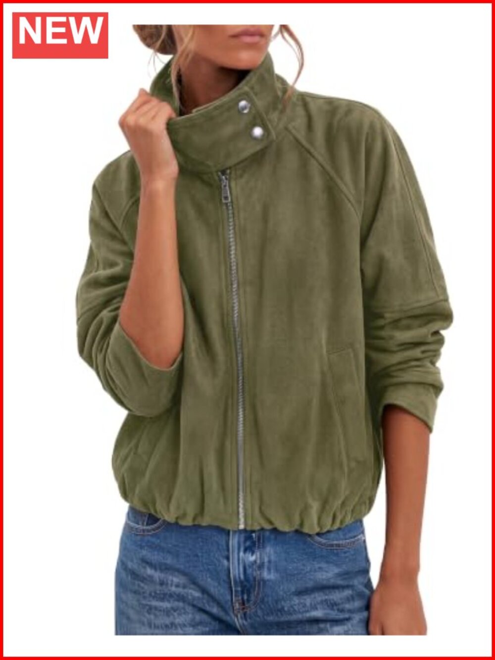 Women's Faux Suede Bomber Jacket Cropped Stand Collar Zip Up